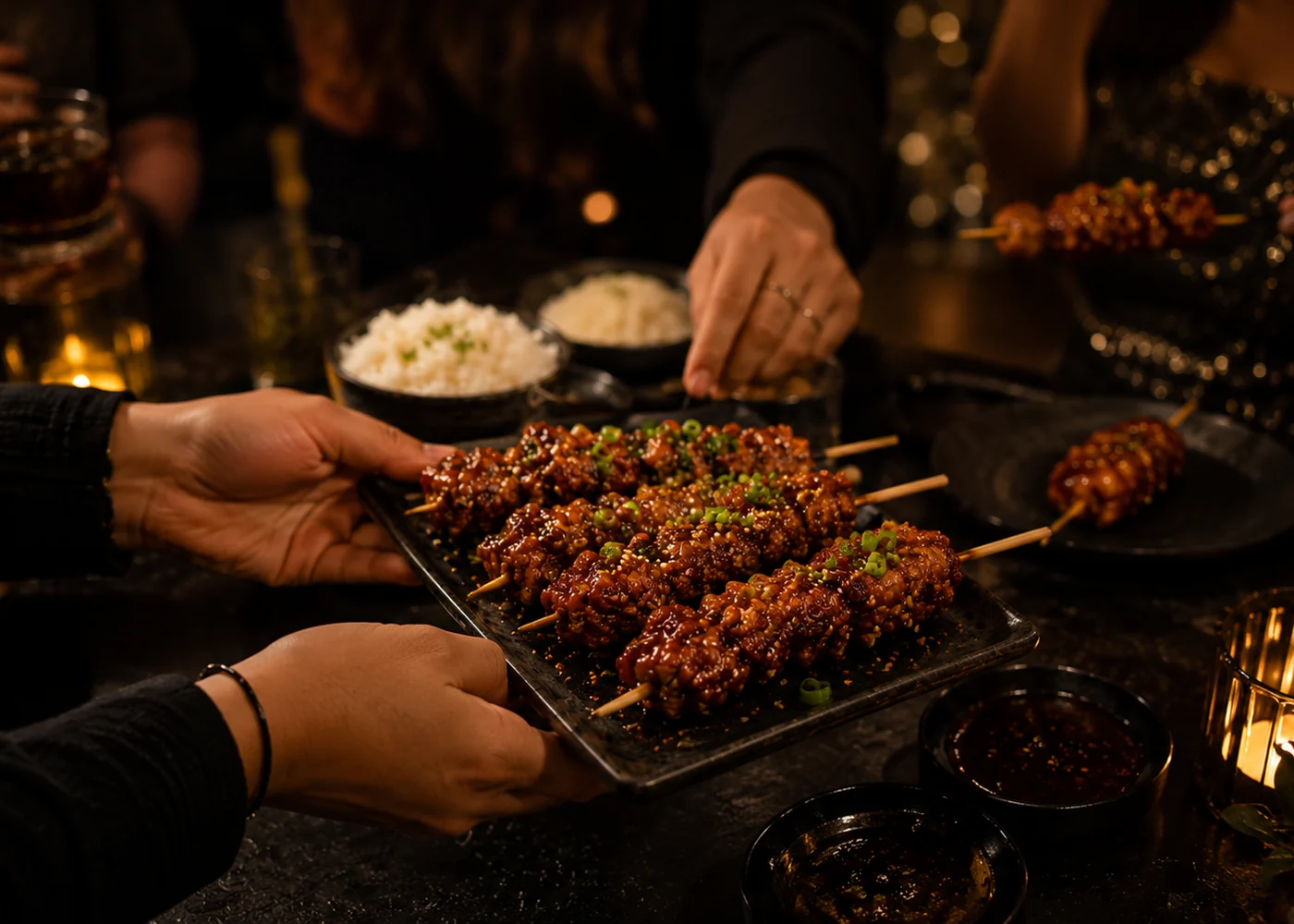 Catering-Szene mit mehreren Personen, servierten Chicken-Spießen und Beilagen