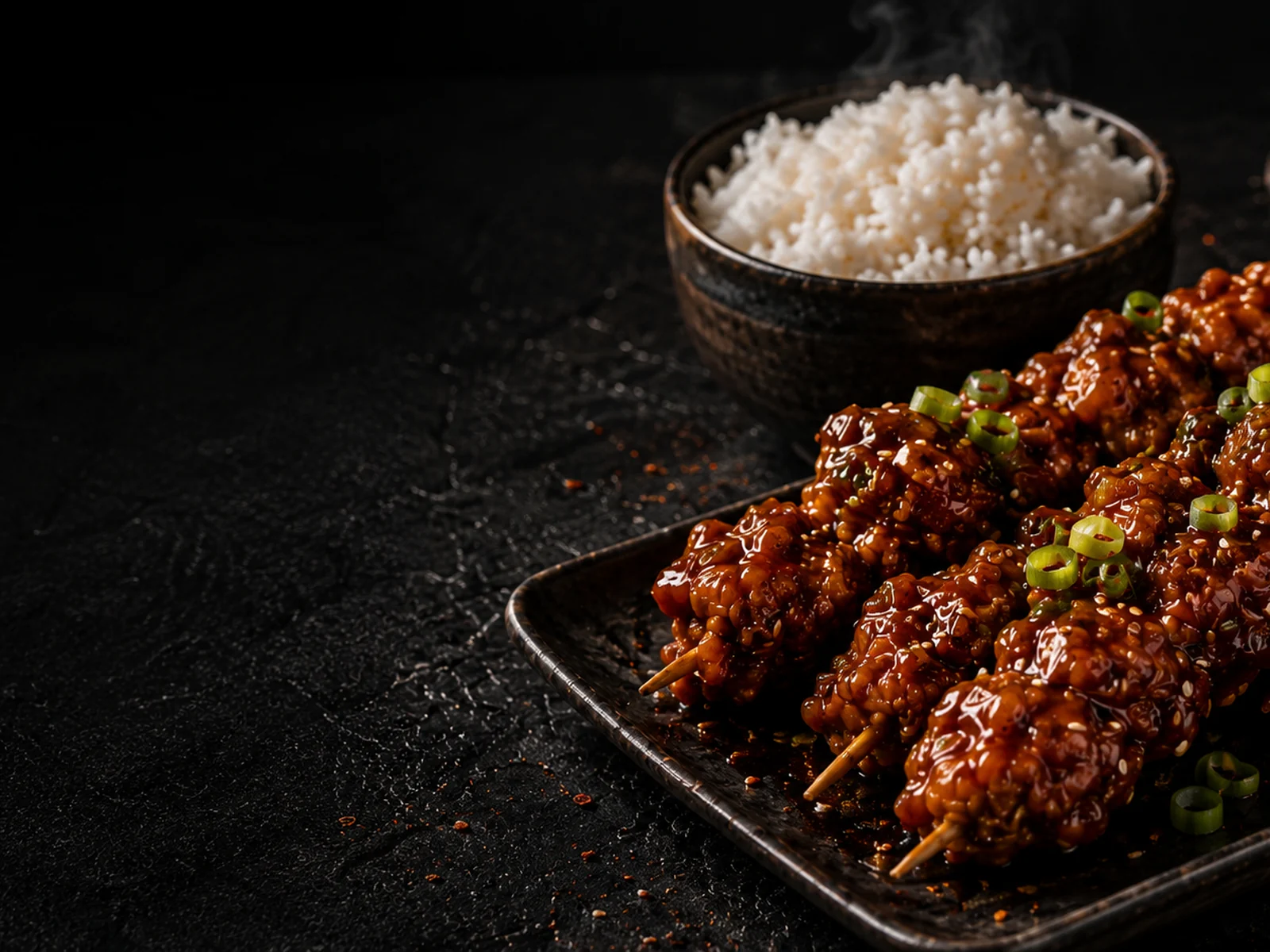 Frisch glasiertes Korean Fried Chicken auf Spießen mit Reis und Sauce
