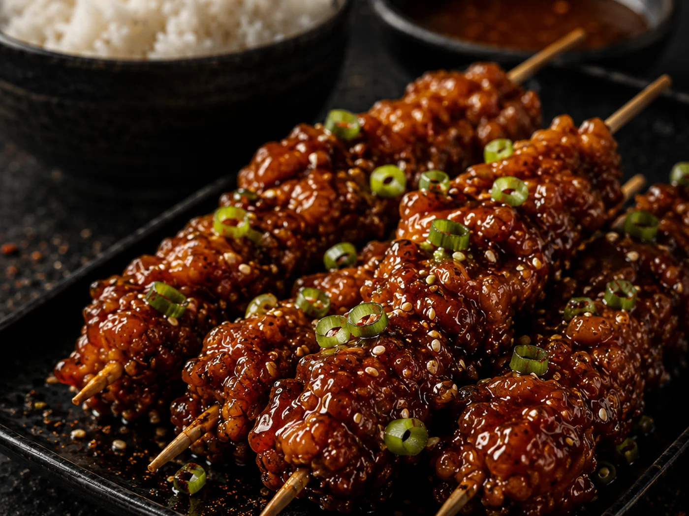 Glasierte Korean-Fried-Chicken-Spieße mit Reis