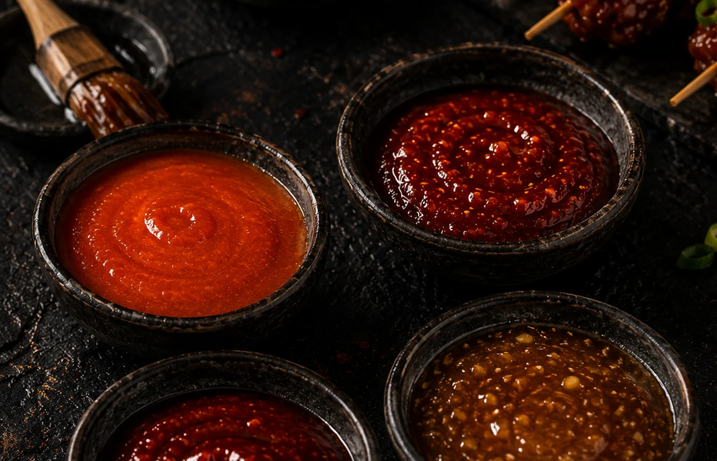 Vier Saucenschalen mit Chimu Red in verschiedenen Schärfestufen und Sweet Garlic